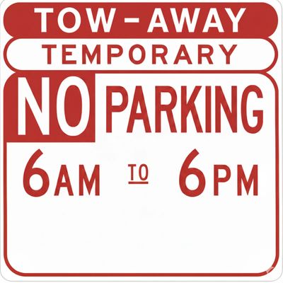Temporary no parking sign showing posted restriction hours for a permitted curbside restriction.