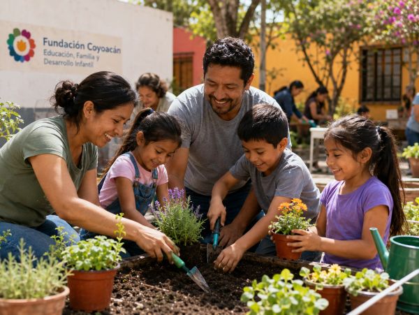 Family gardening together in a community garden with smiles and teamwork.