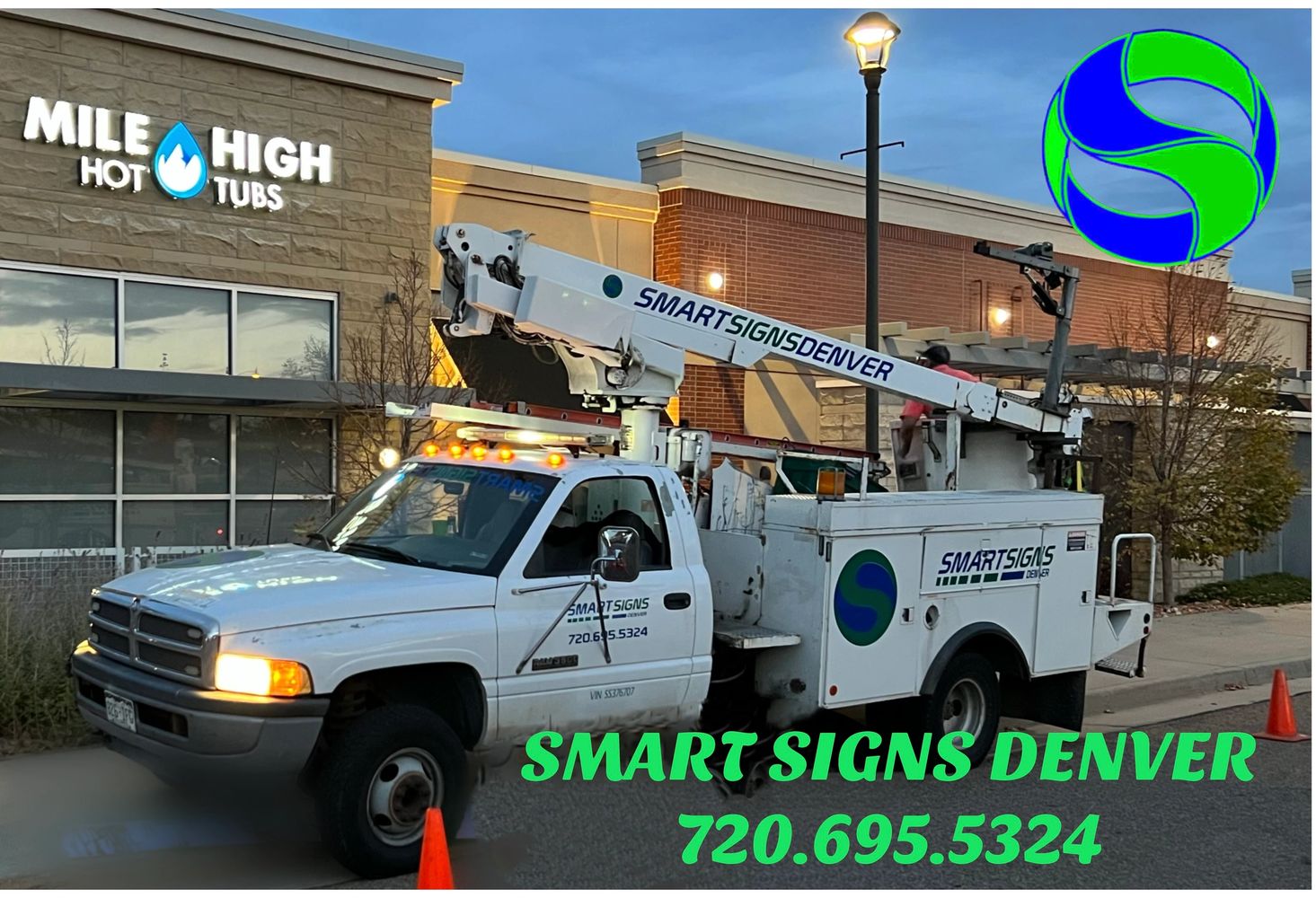 Bucket truck, front lit channel letter sign