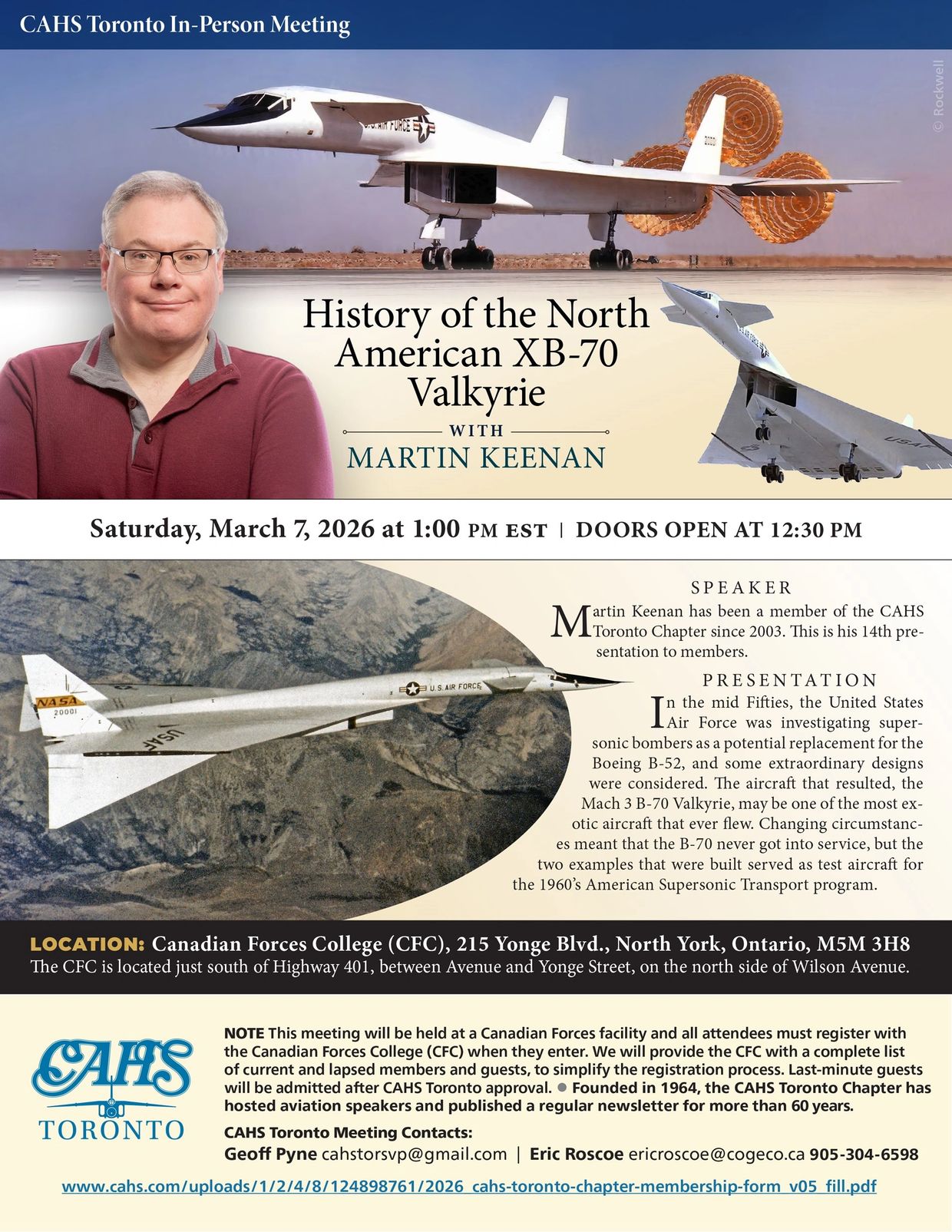 Event flyer for CAHS Toronto meeting on XB-70 Valkyrie history with Martin Keenan, March 7, 2026.