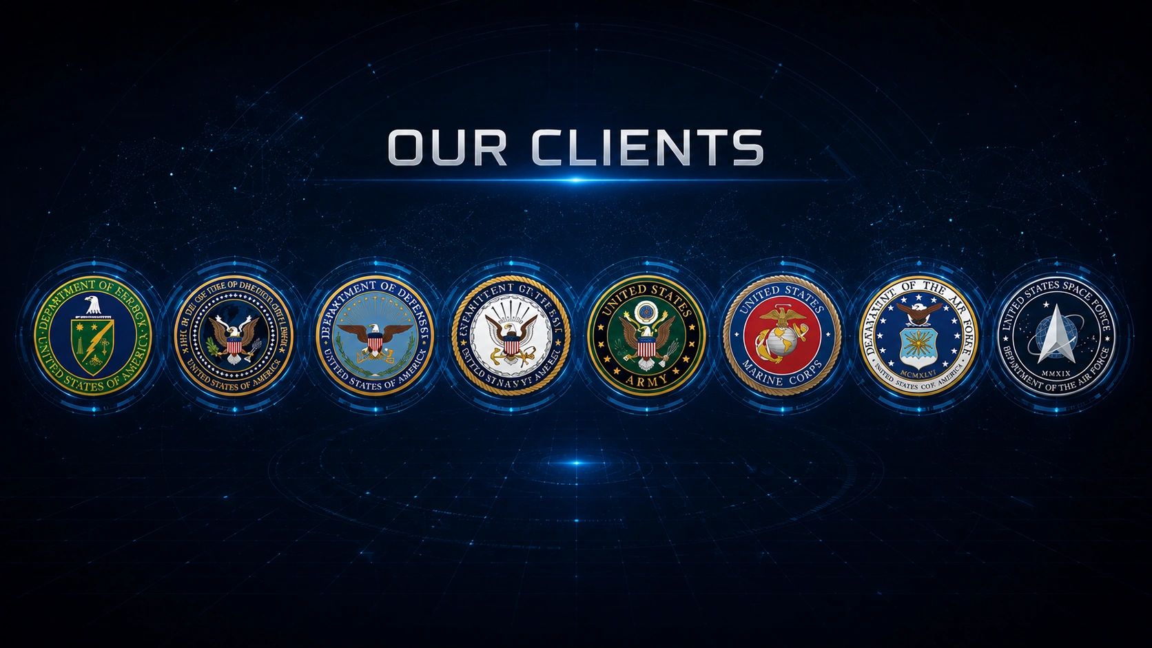 A digital display of U.S. military and government seals under 'Our Clients'.