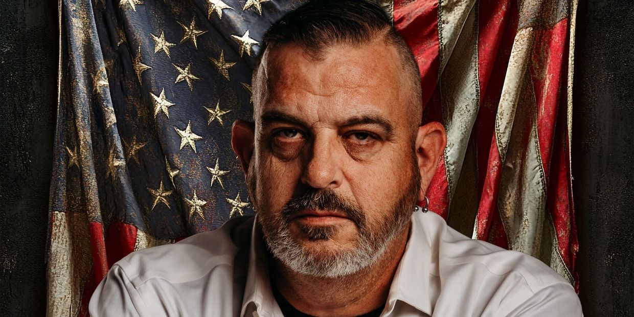 Man with a beard in front of an American flag.