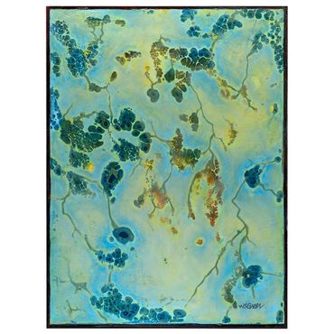 Abstract painting with blue-green organic shapes on a light yellow background.