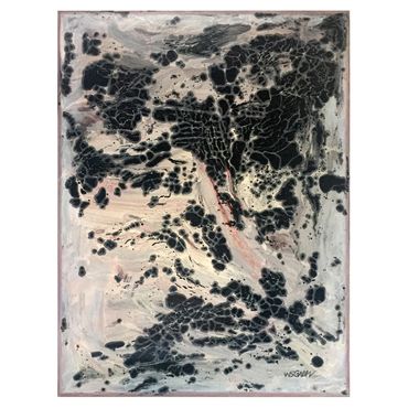 Abstract painting with black textured splotches on a beige background.