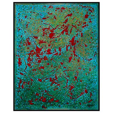 Abstract painting with green, blue, and red splatters creating a textured effect.