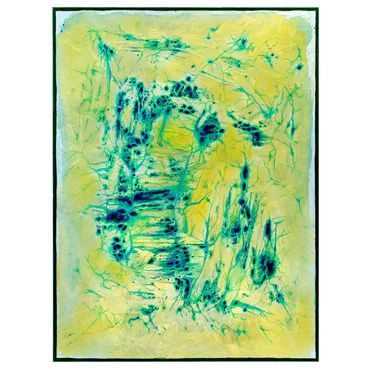 Abstract artwork with blue and green brush strokes on a yellow background.