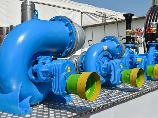 Row of large blue centrifugal pumps.
