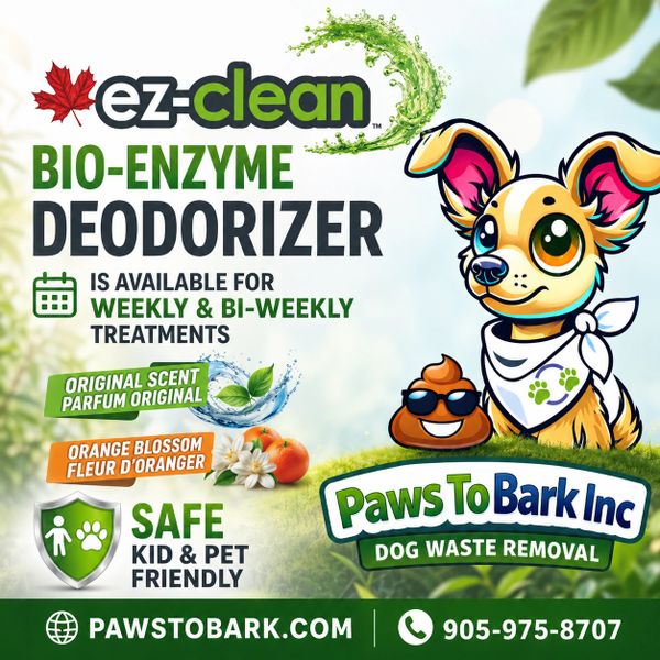 Bio-enzyme deodorizer for pet waste available weekly or bi-weekly from Paws To Bark Inc.