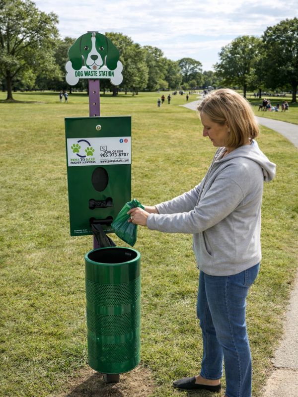 Woman disposing of dog waste bags at a park station.