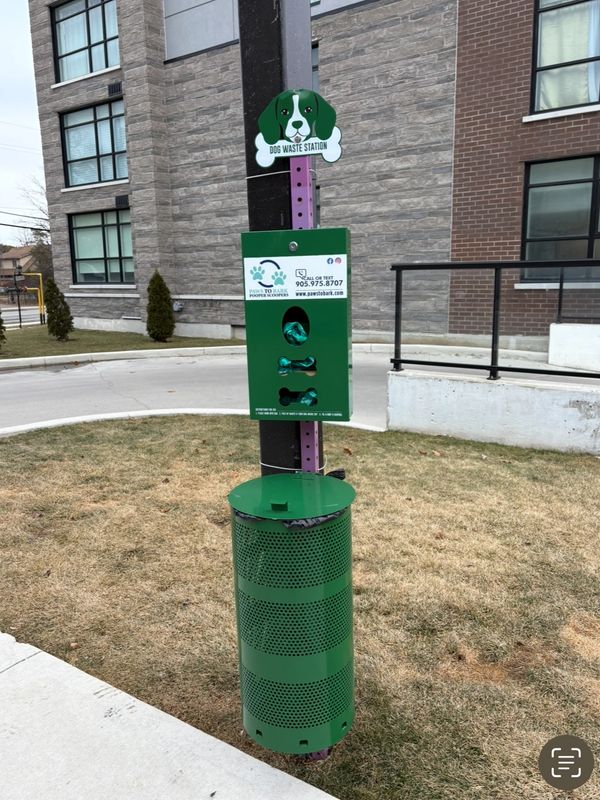 Green dog waste station with bag dispenser and trash can near a building.