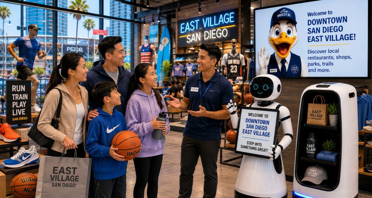 Family interacting with staff and robot in East Village San Diego store.