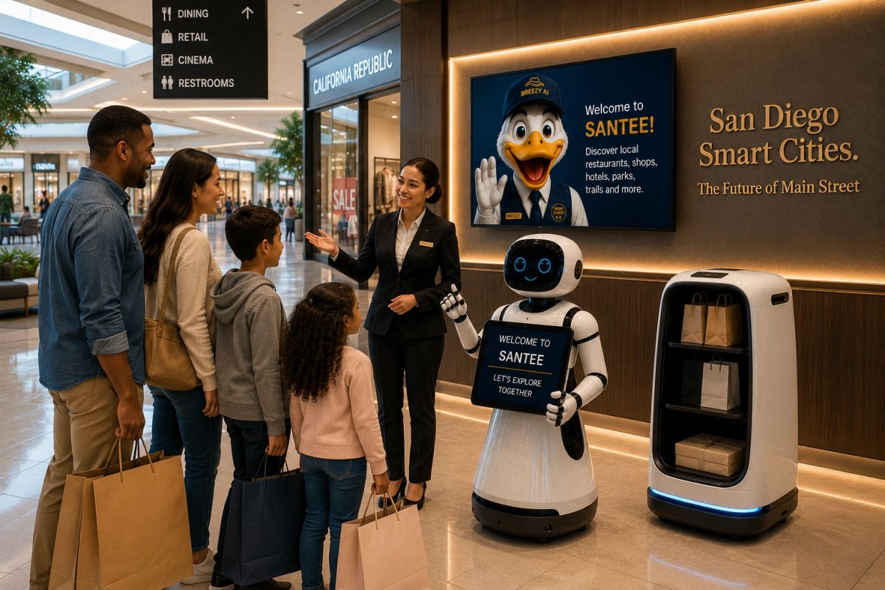 Family receives directions from a humanoid robot and attendant in a shopping mall.