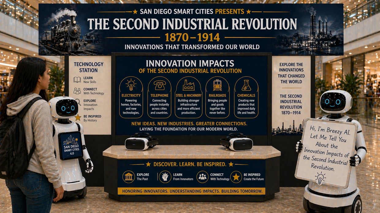 Interactive display on the Second Industrial Revolution with AI robots and VR headsets.