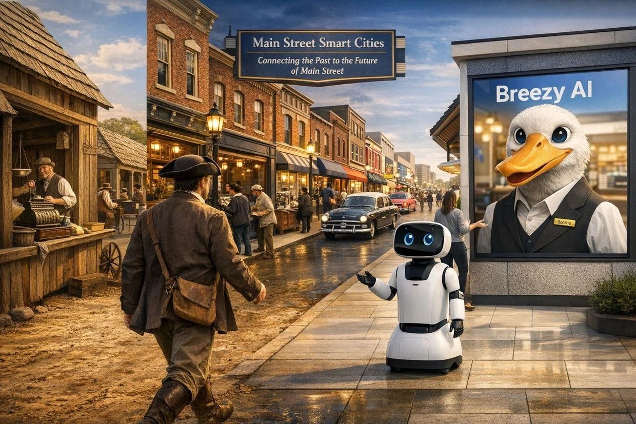 A street scene blending old and modern times with a robot and vintage elements.