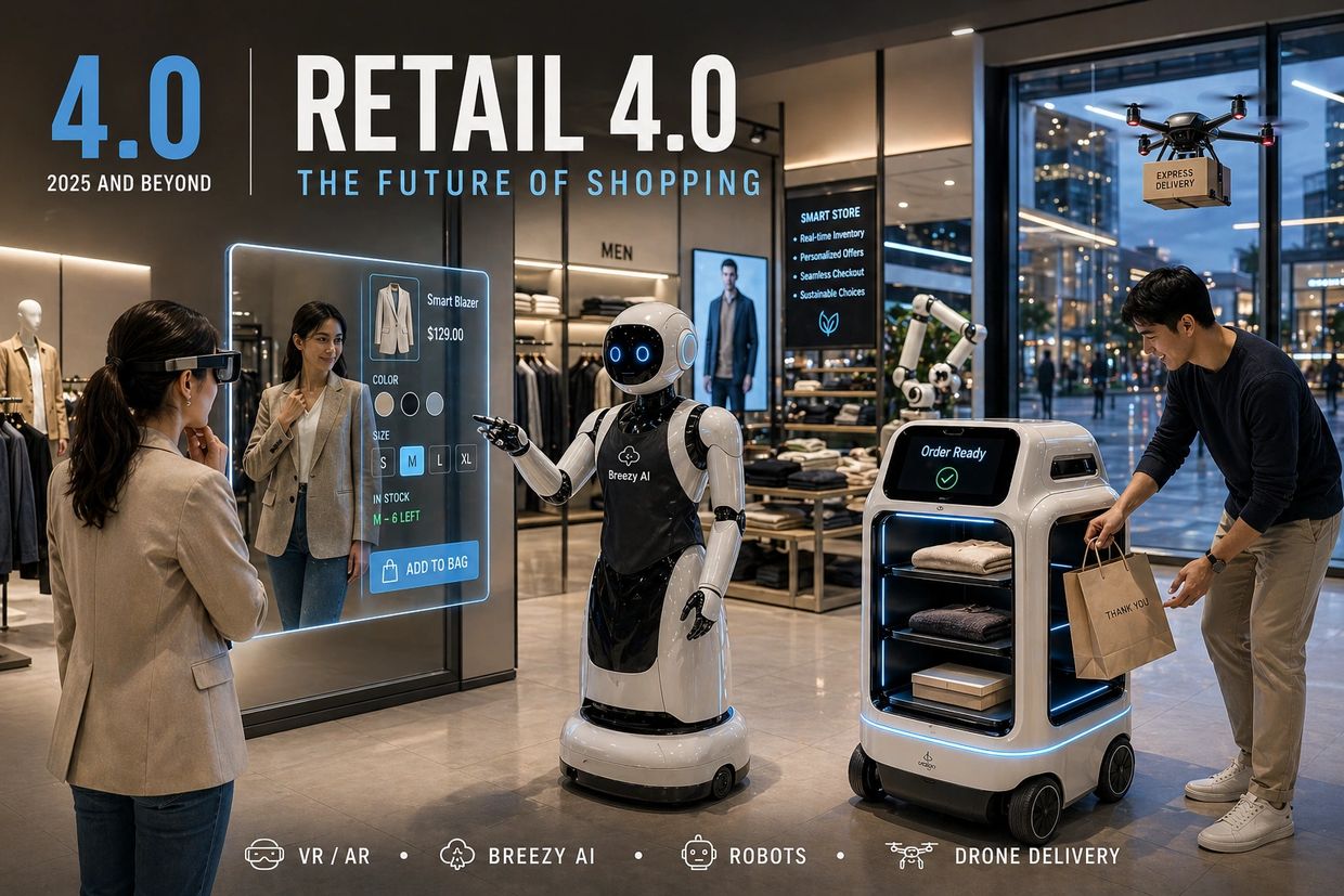 Futuristic retail store with AI robot, VR shopping, and drone delivery.