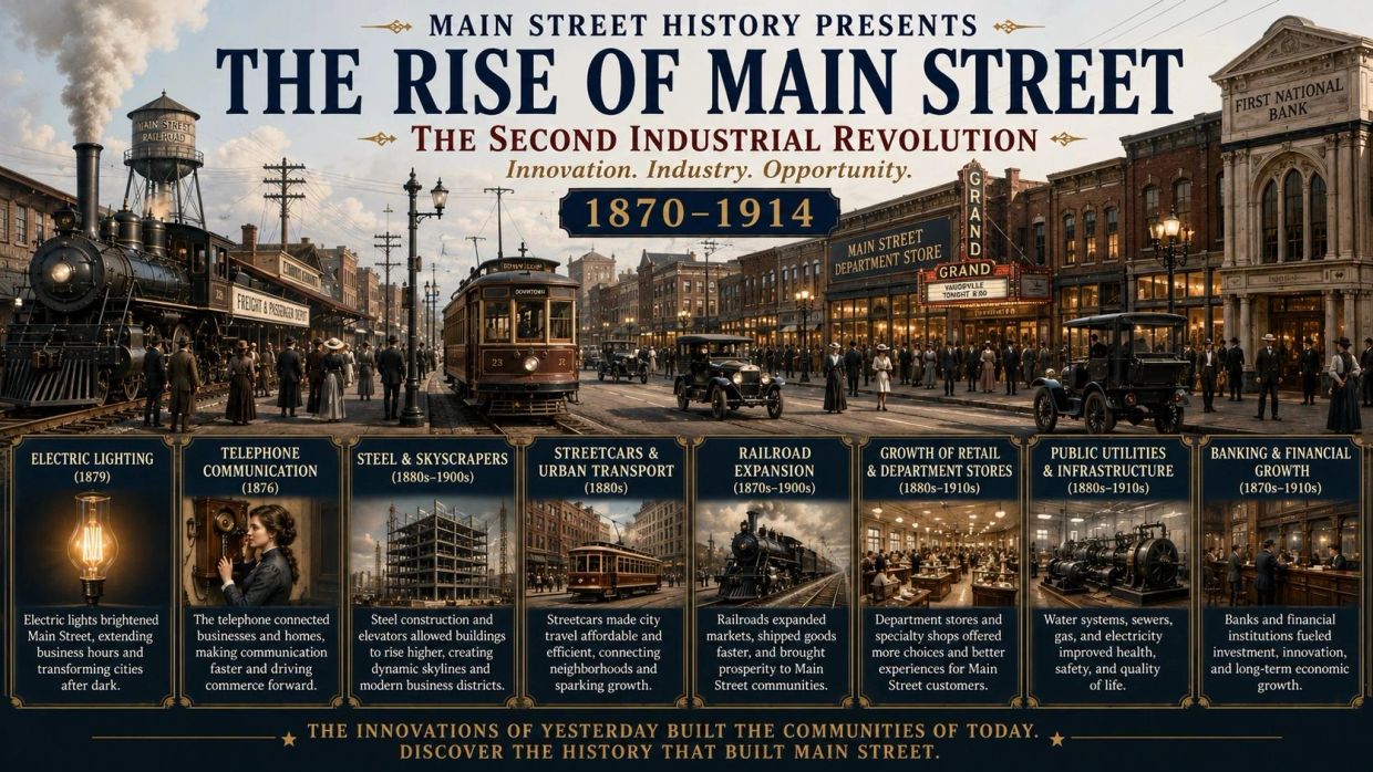 Historical overview of Main Street's growth during the Second Industrial Revolution from 1870 to 1914.