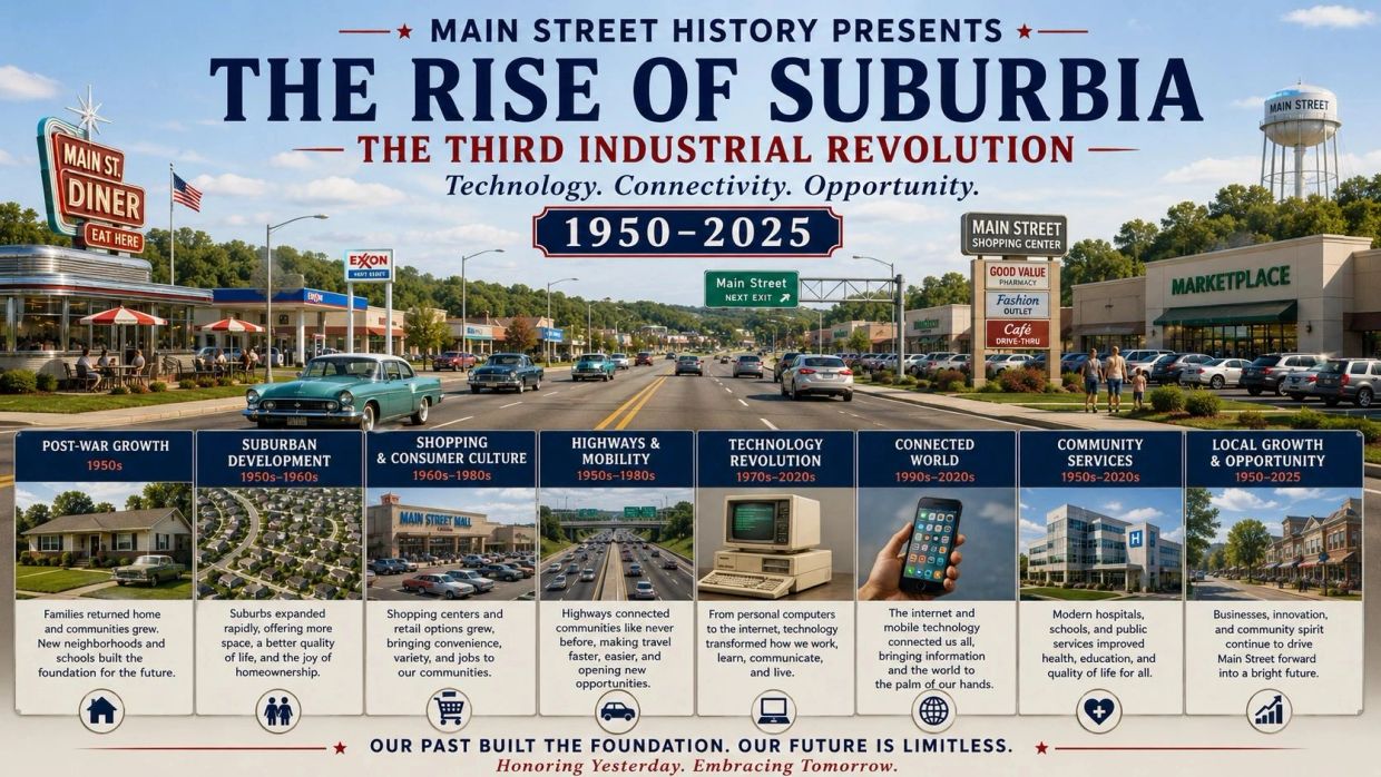 Timeline poster illustrating suburban growth and technological revolution from 1950 to 2025.