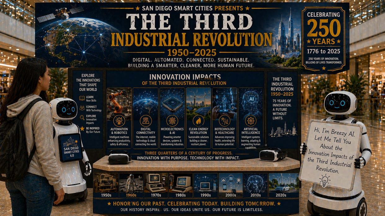 Exhibit on the Third Industrial Revolution featuring AI robots and innovation impacts from 1950 to 2025.