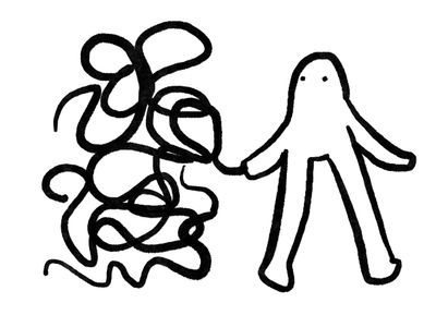 Abstract black ink drawing of a figure holding a tangled line.