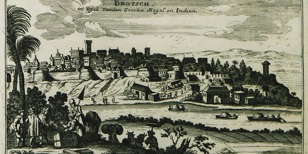 Historical drawing of a city near a river with people and boats.