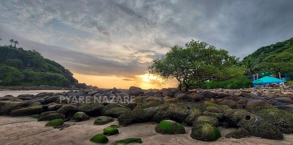 Rocky beach landscape with a setting sun.