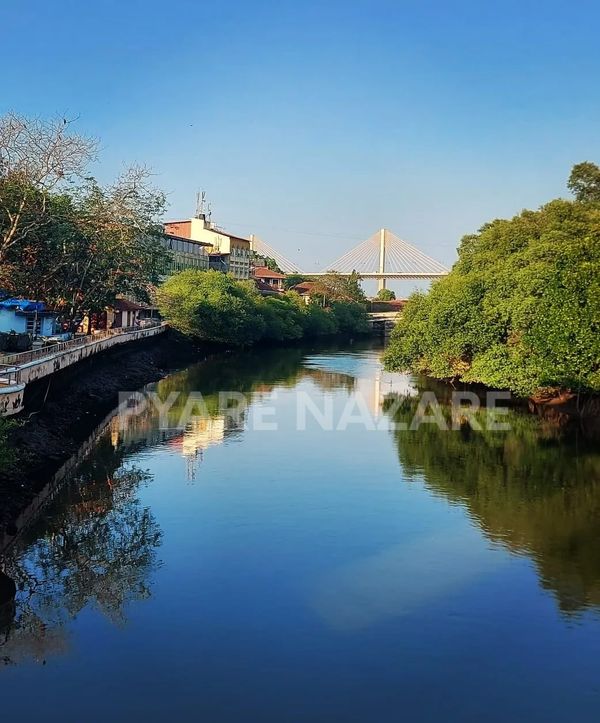 A calm river with a bridge in the background under a clear blue sky.