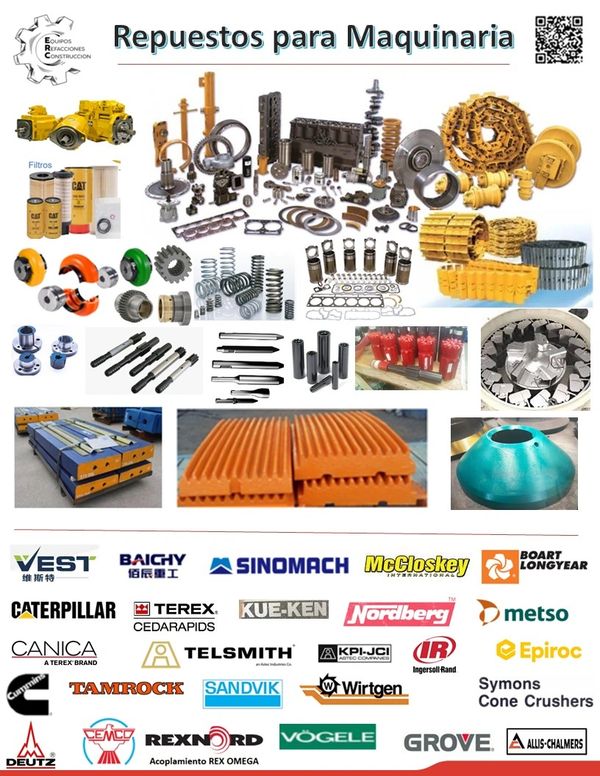 Various machinery spare parts with brand logos for construction equipment.