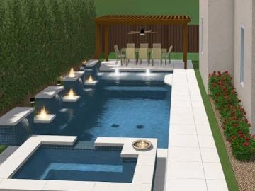 Modern backyard with pool, hot tub, and outdoor dining area.