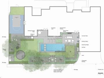 Landscape architectural plan with pool, seating, and greenery.