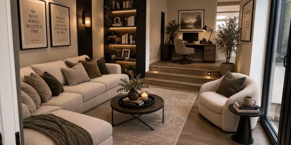 Cozy modern living room with neutral tones and an inviting reading nook.