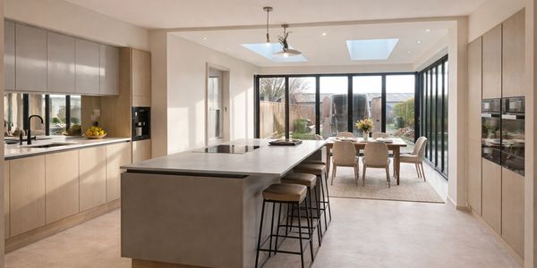 Modern kitchen with island, bar stools, and dining area with large windows.