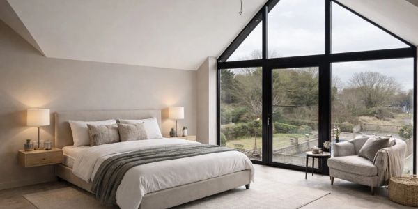 Modern bedroom with large triangular window and elegant neutral decor.
