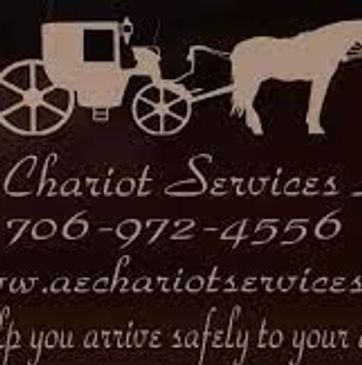 Logo for AE Chariot Services LLC. An image of a horse and carriage with the phone number 7069724556.