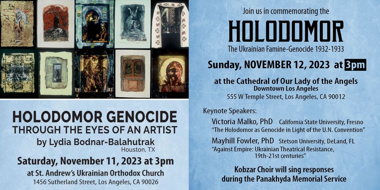 Holodomor genocide art exhibit and commemoration events in Los Angeles in November 2023.
