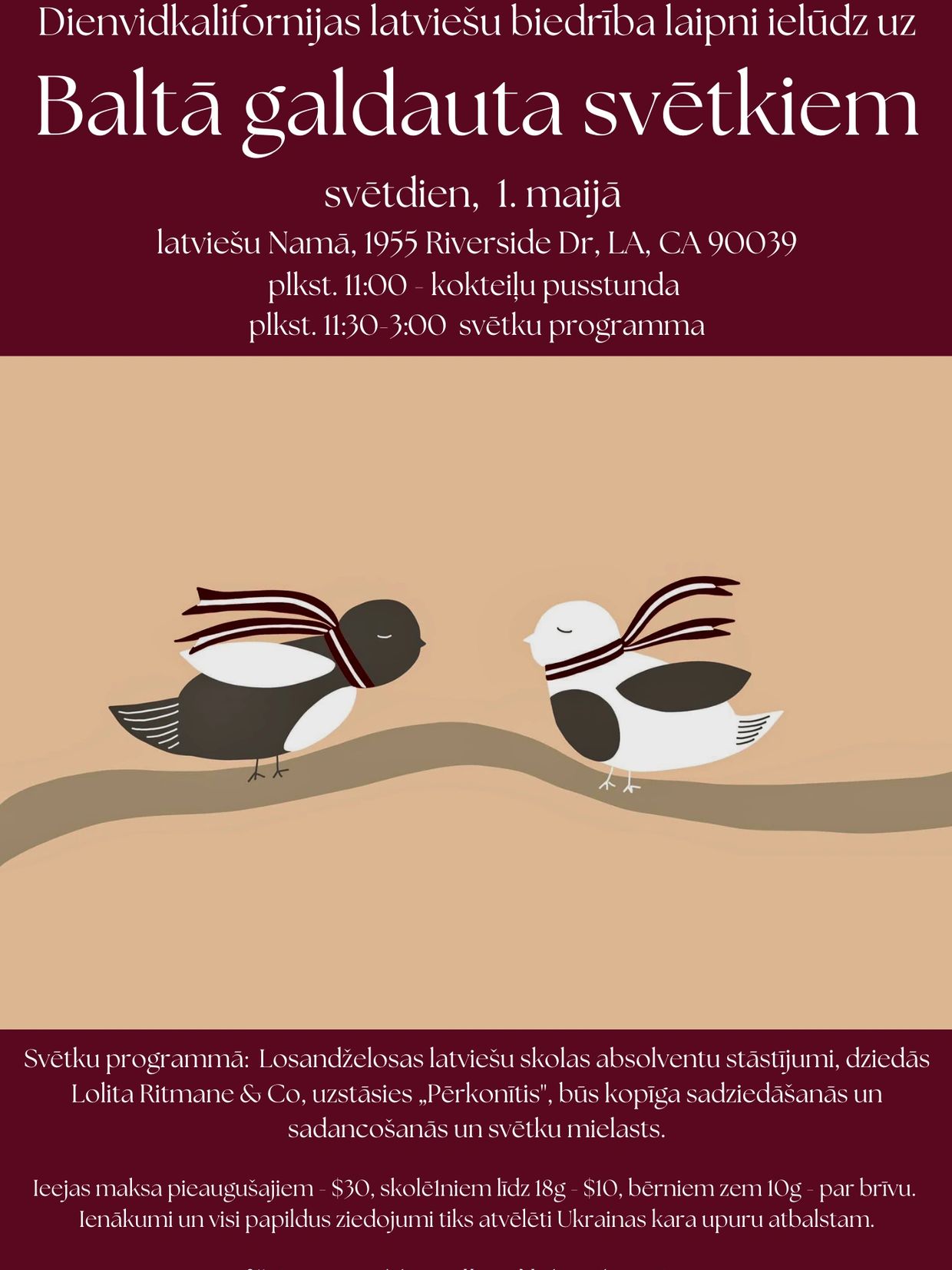 Invitation to Latvian White Scarf Festival in Los Angeles on May 1st with performances and donations for Ukraine.
