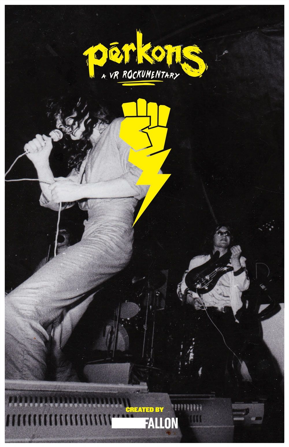 Black-and-white poster for Perkons VR Rockumentary with yellow fist and lightning bolt graphic.