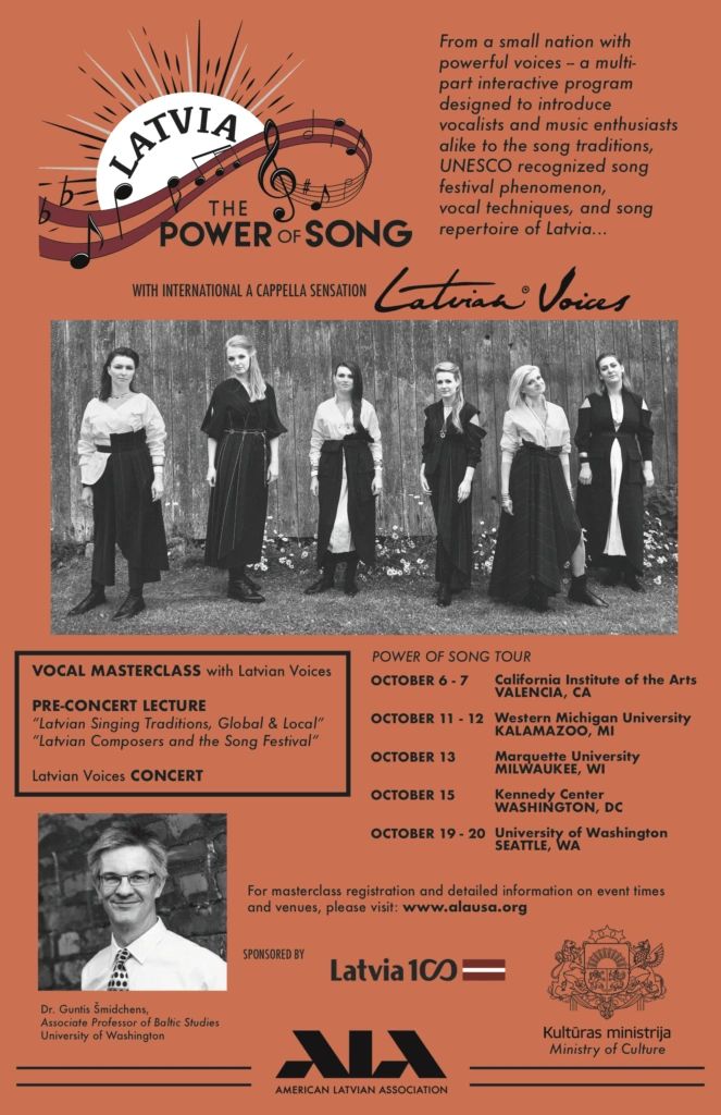 Poster promoting the Latvia Power of Song tour and vocal masterclass with Latvian Voices.