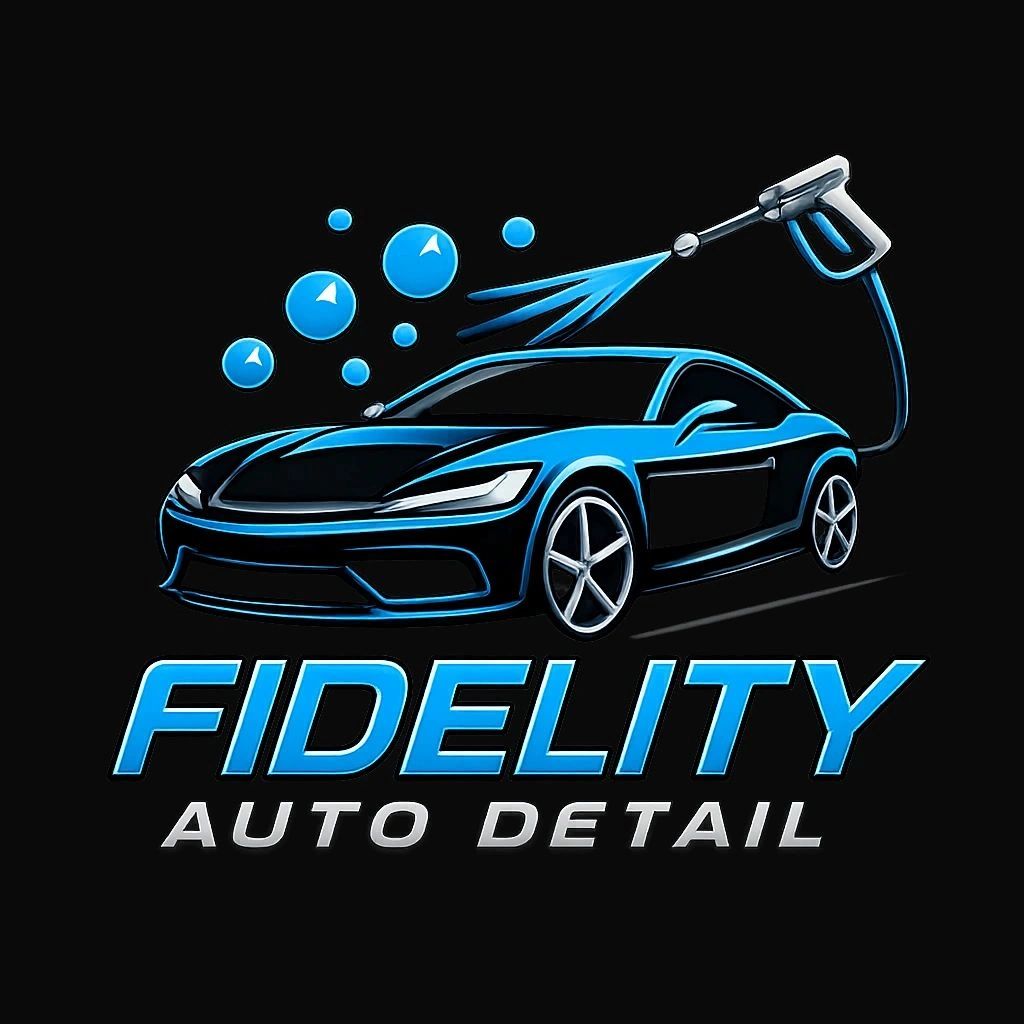 Logo of Fidelity Auto Detail featuring a sleek blue car and cleaning spray.