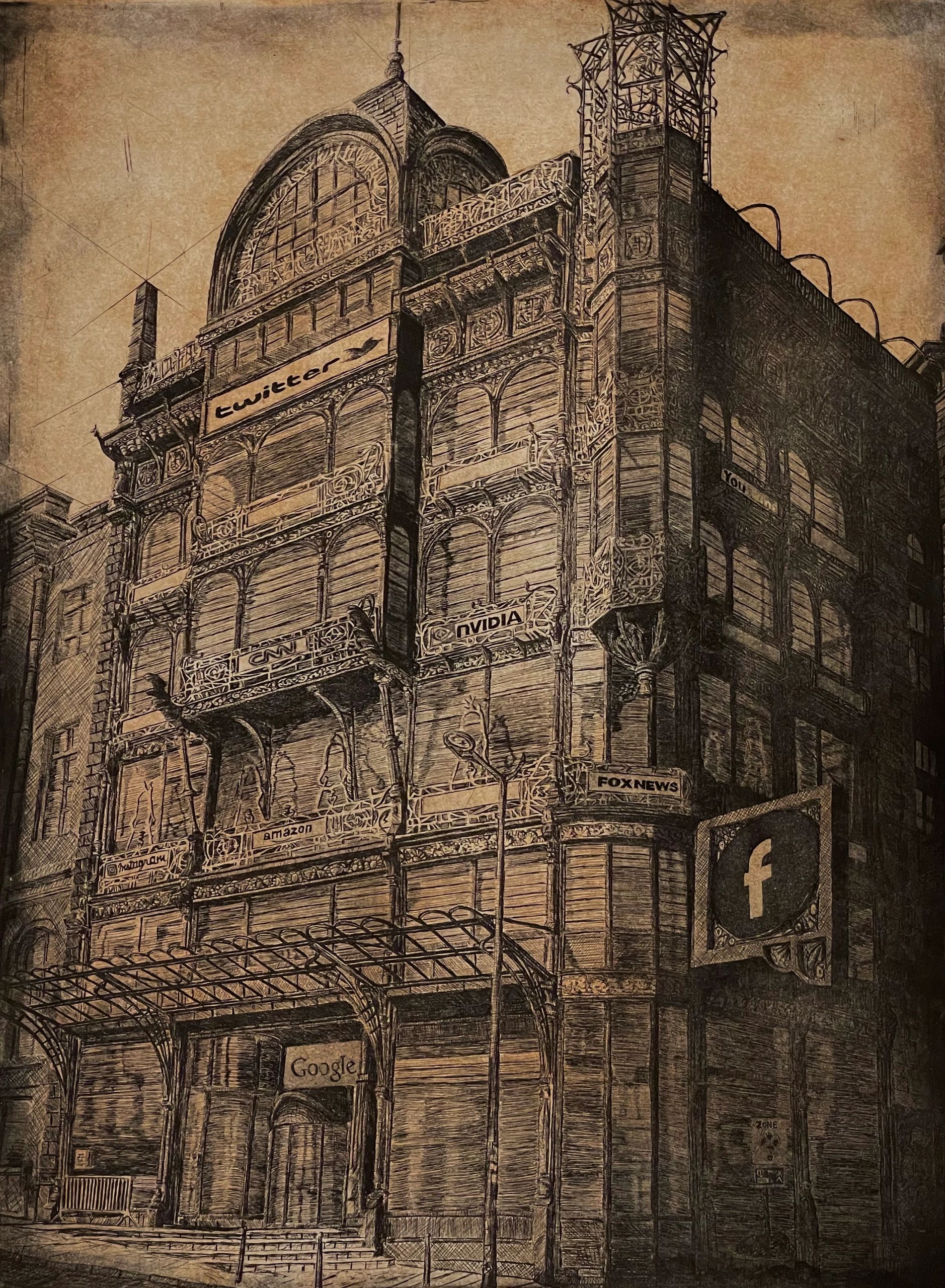 "Disinformation Playhouse", Etching, 24"x18", 2021