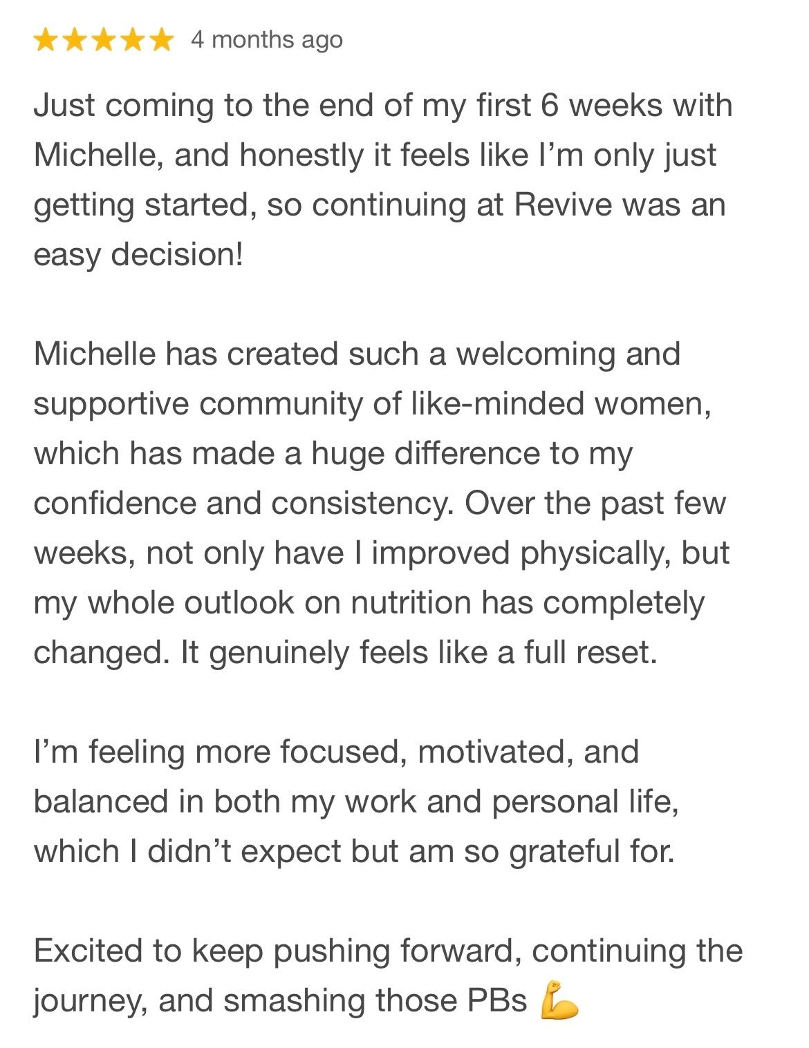 Positive 5-star review praising Michelle and Revive's supportive community.