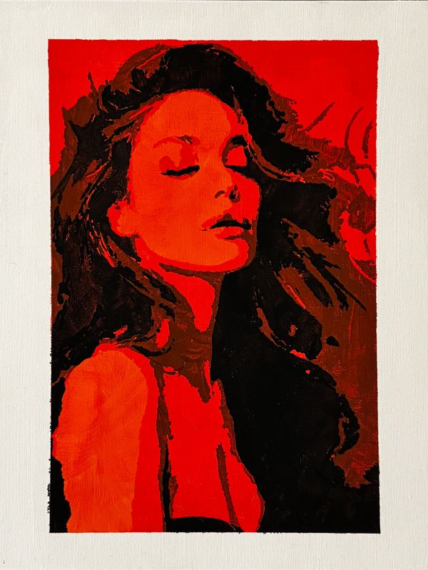 Portrait of a woman in red and black tones with closed eyes.