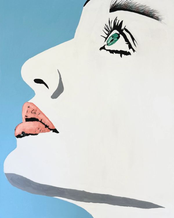 Minimalist side profile of a woman's face with green eye and coral lips against blue background.