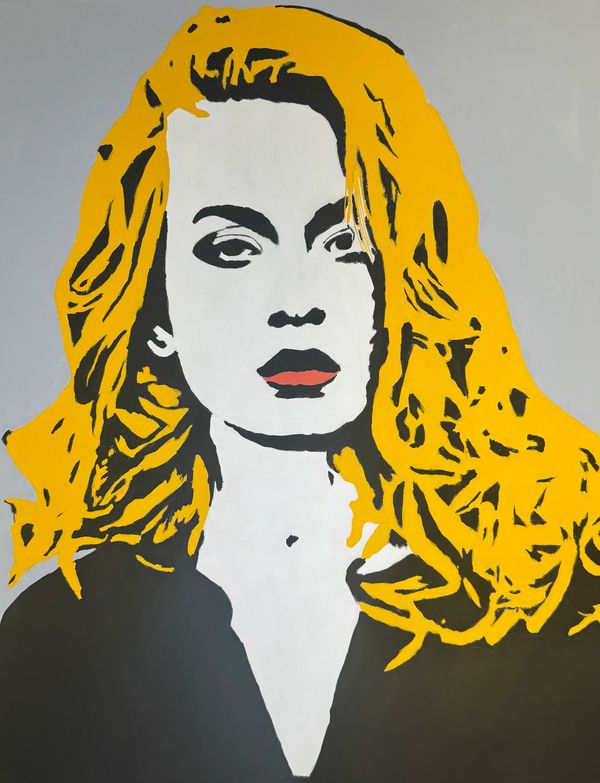 Pop art style portrait with bold yellow hair and red lips.