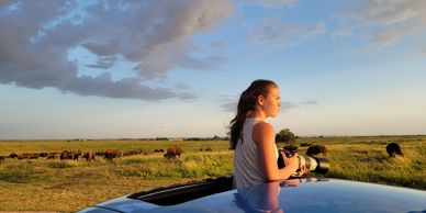 Girl with camera leaning out of car sunroof with pasture in the background.