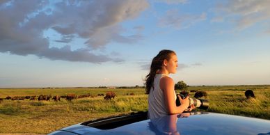 Girl with camera leaning out of car sunroof with pasture in the background.