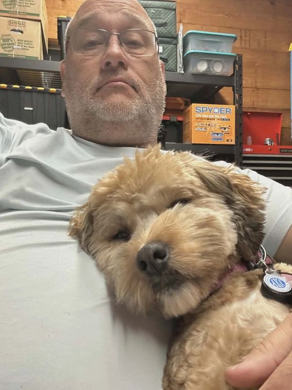 Man with glasses cuddling a fluffy dog in a cozy room.