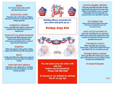 4th of July themed dessert menu with holiday specials and pre-order details.