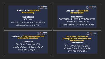 Slides listing finalists for the 2019 Sea Otter Excellence Awards in Recreation categories.