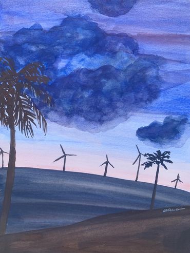 Windmill at sunset, Gouache 9"x12"