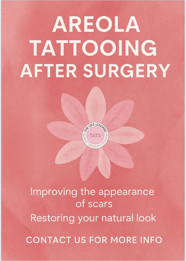 Advertisement for areola tattooing after surgery to improve scars and restore natural look.